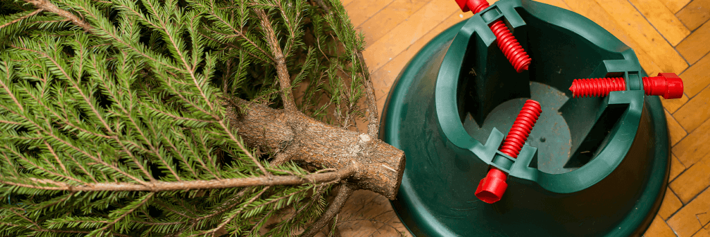 A Christmas tree laying on the ground beside a red and green Christmas tree stand
