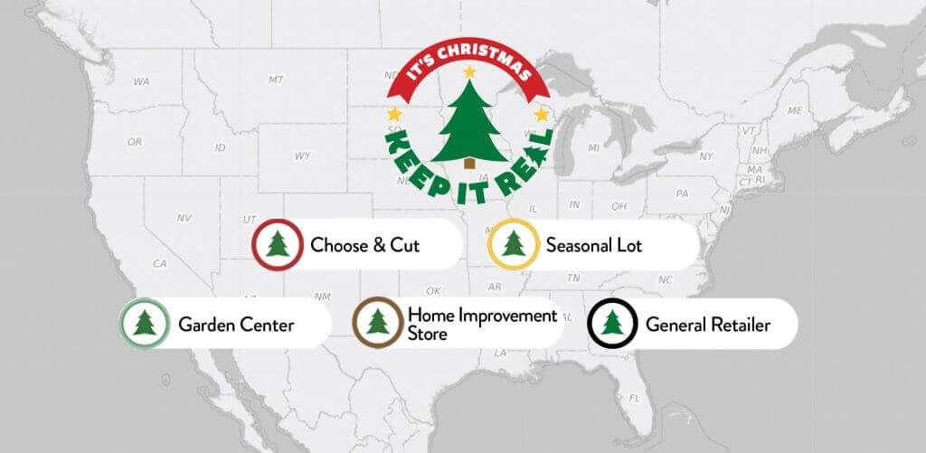 Map of the United States with five icons to represent the different types of places to find a real Christmas tree